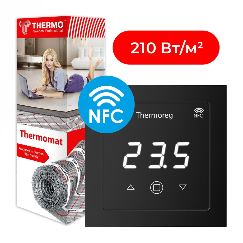 Комплект нагревательный мат Thermomat 210 Вт/м² + терморегулятор Thermoreg TI-700 NFC Black