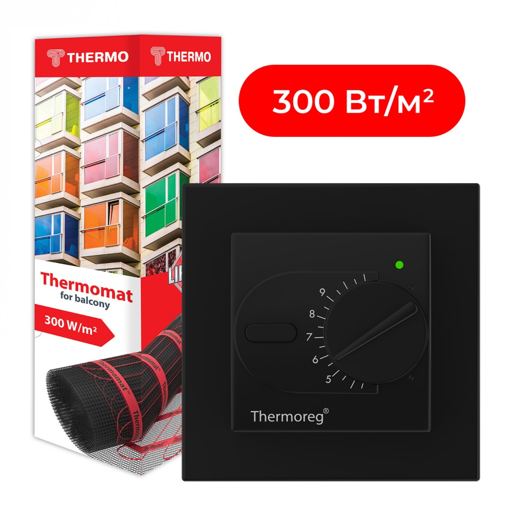 Комплект нагревательный мат для балконов и лоджий Thermomat BL 300 Вт/м² + терморегулятор Thermoreg TI-200 Design Black